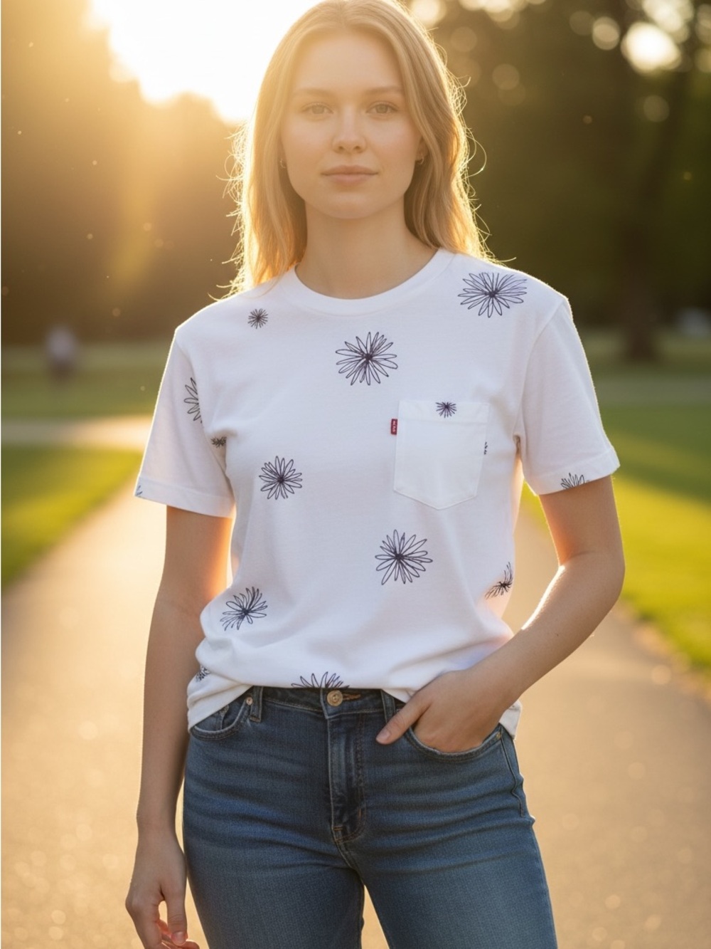 Levi's White Perfect Crew Tee with Simple Floral Print